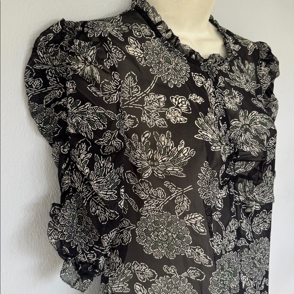 Veronica Beard Natuka black green sheer floral print ruffle trim blouse size 4 - Picture 5 of 16